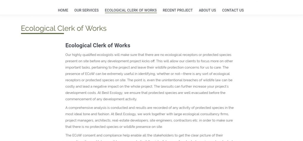 Ecological clerk of works page – Website design London