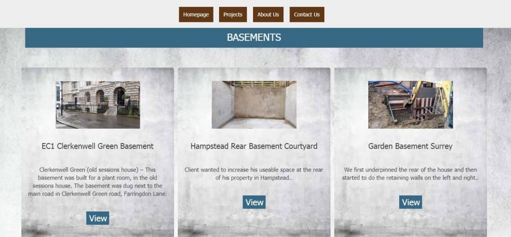 Projects page – Basement Build – Website design London