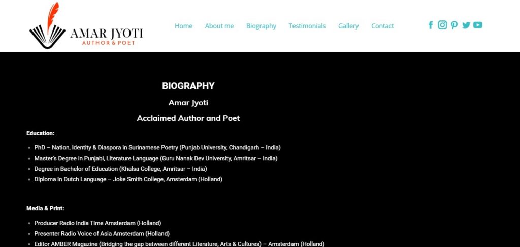 Biography page – Amar Jyoti Poet – Website design London