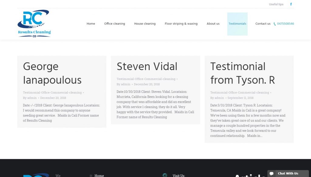 Testimonials page – Resultscleaning – Website design London